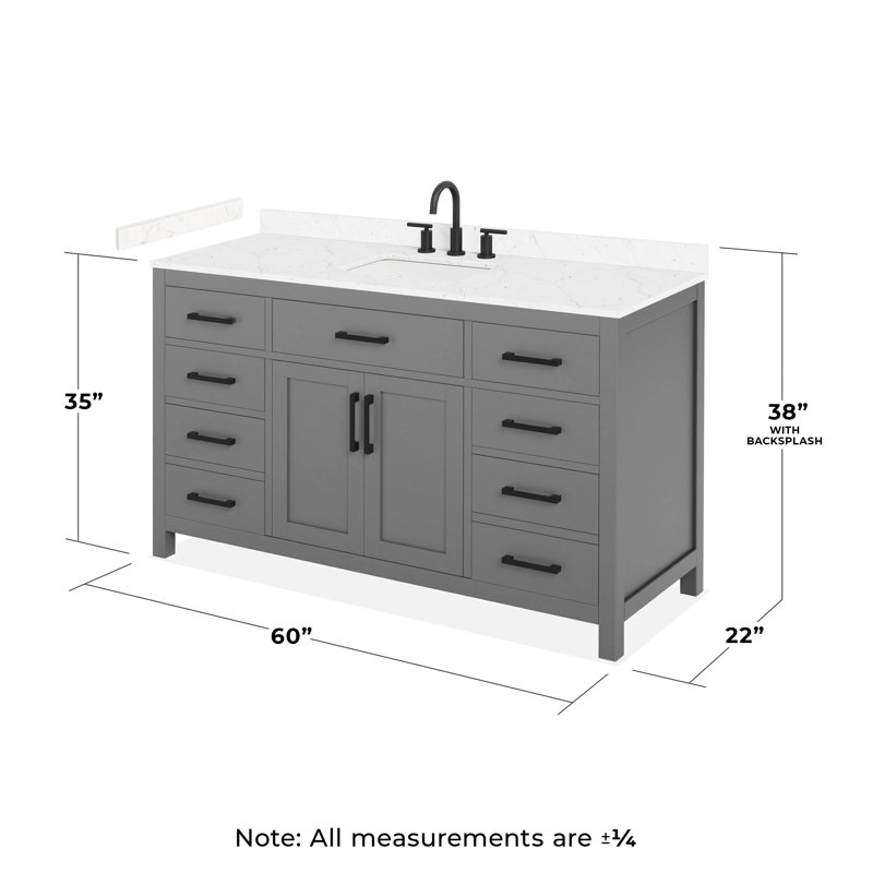 Meuble-lavabo simple 60 po Beckett en gris foncé, comptoir en marbre de culture de Carrare, lavabo carré encastré (3 trous), garniture noir mat