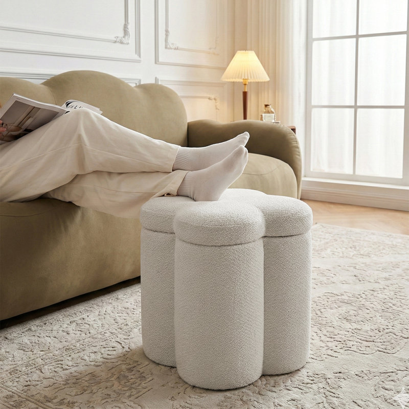 17" Upholstered Flower Ottoman with Storage, Beige