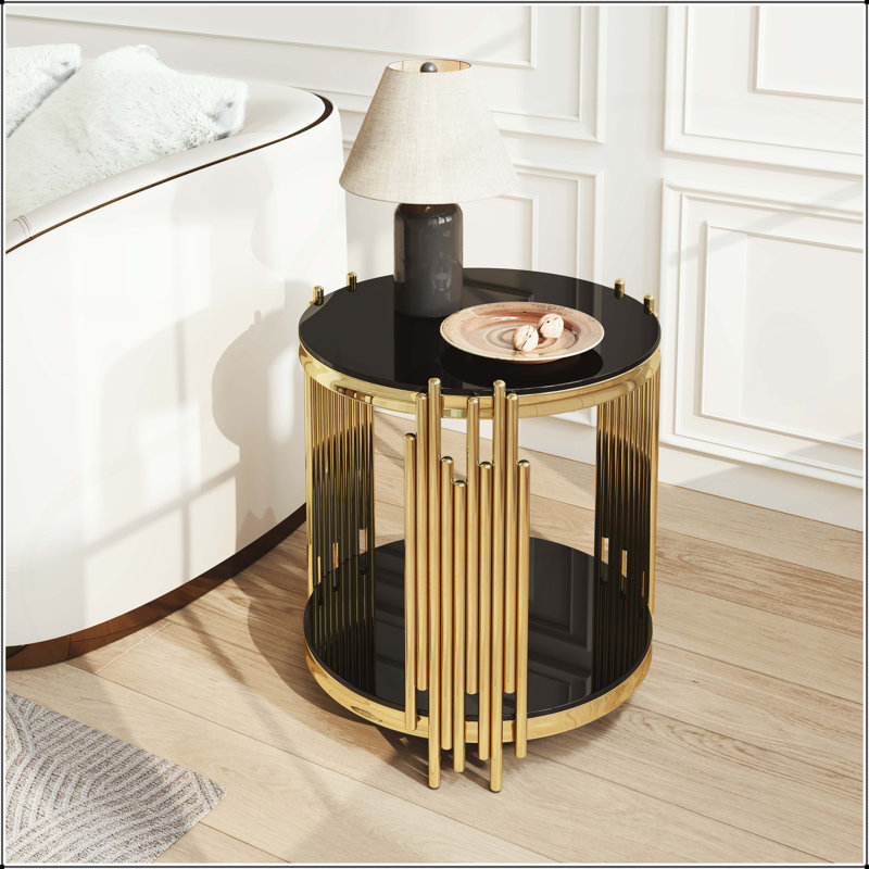 Table de bout ronde à 2 niveaux en verre avec pieds en acier inoxydable doré, Noir / doré