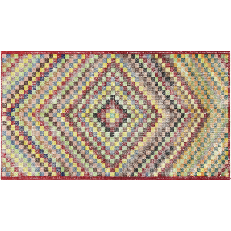 Tapis unique en laine noué à la main des années 1960 de 4 pi x 7 pi en rouge / brun / vert