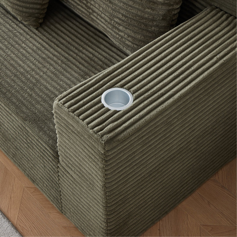 Canapé modulaire profond en velours côtelé avec porte-gobelets, aucun assemblage requis, 137" W, Green Corduroy, Green