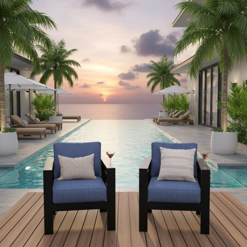 2-Pack 28" All-Weather Aluminum Patio Armchairs With Cushions, Blue, Black