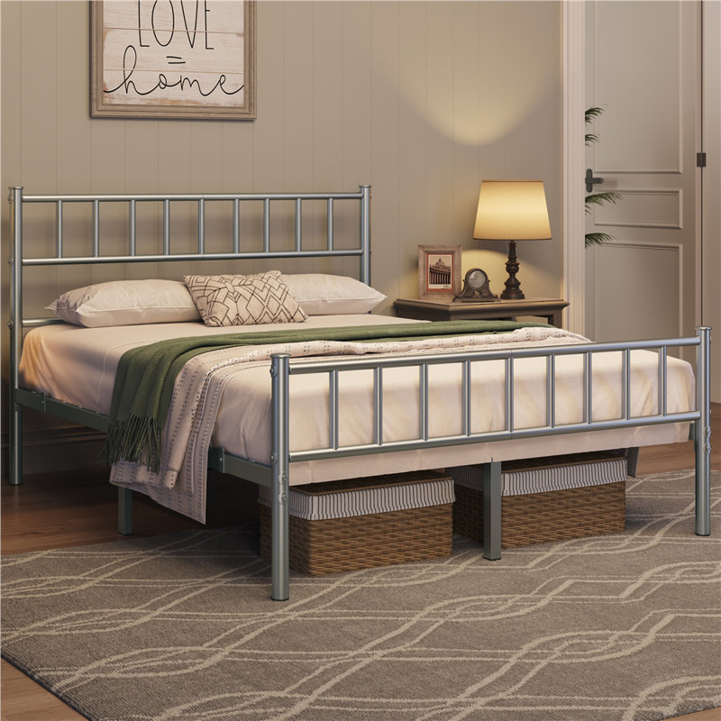 Minimalist Metal Bed Frame with Slatted Headboard, Double (4'6), Silver