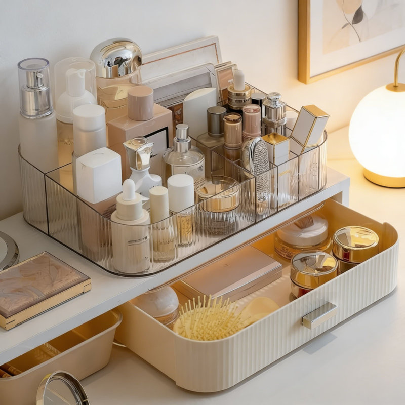 Organisateur de maquillage empilable avec tiroir, vitrine de rangement pour cosmétiques pour meuble-lavabo, comptoir de salle de bain ou commode, peut contenir du rouge à lèvres, des brosses, des lotions, des fards à paupières, du vernis à ongles et plus encore
