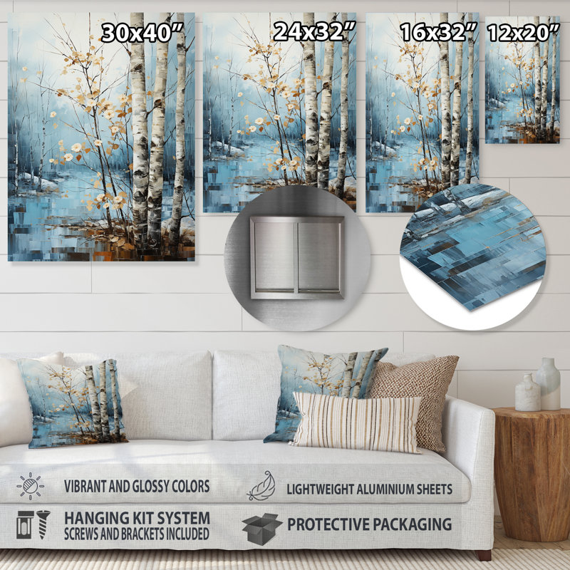 Birch Woods Winter Whispers VI - Décoration murale florale en métal, H 32 po x l 24 po x P 1 po