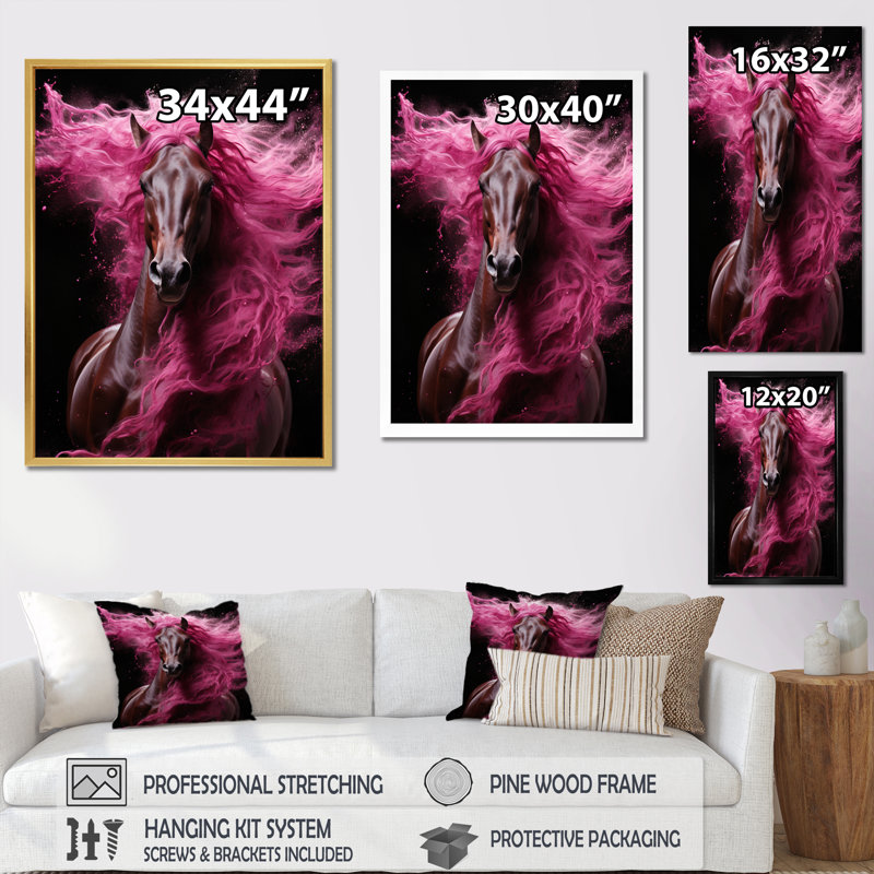 Décoration murale cheval noir et rose vibrant IV - animaux, Encadrement doré, H 40 po x l 30 po x P 1,5 po