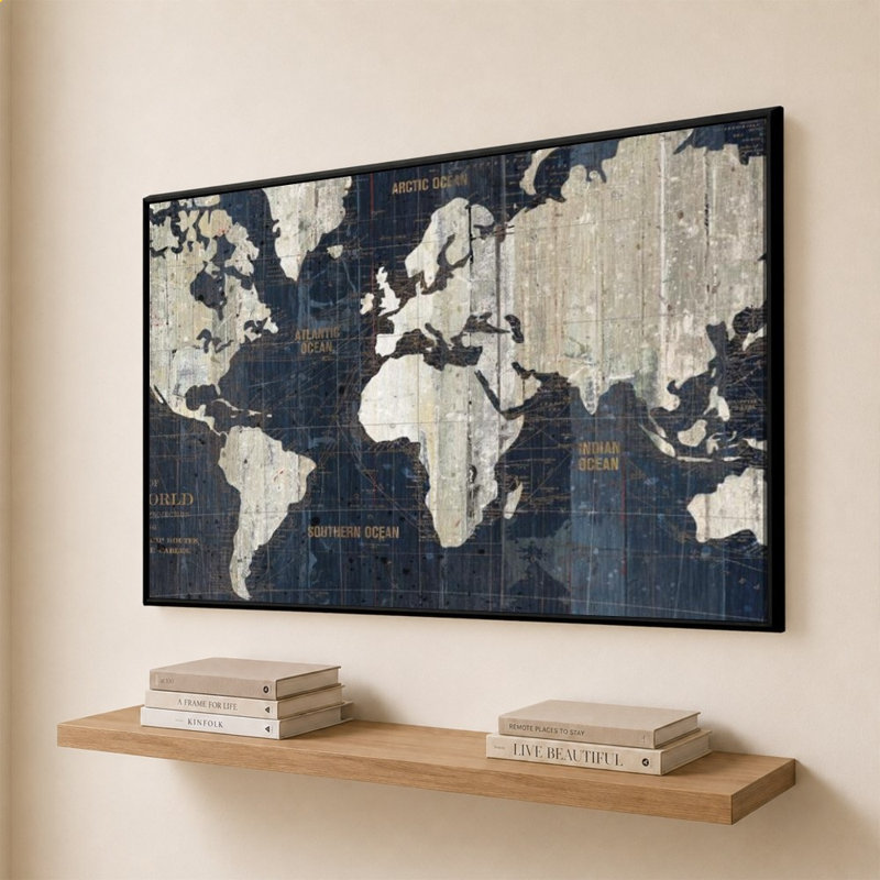 «Old World Map Blue» par Wild Apple Portfolio - impression sur toile, H 44 po x l 64 po, Noir