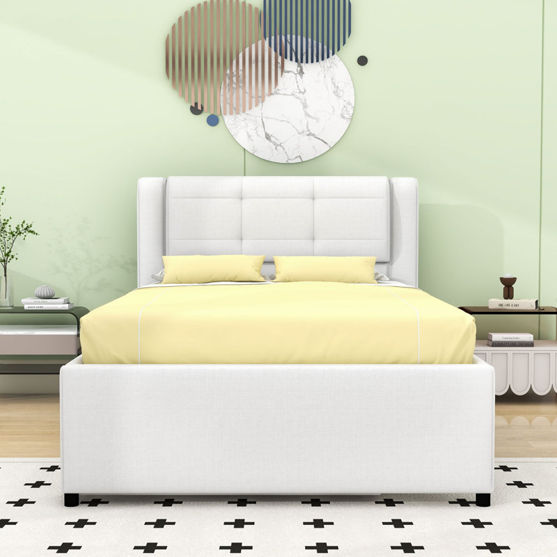 Lit plateforme double tapissier avec lit gigogne multifonctionnel, Beige