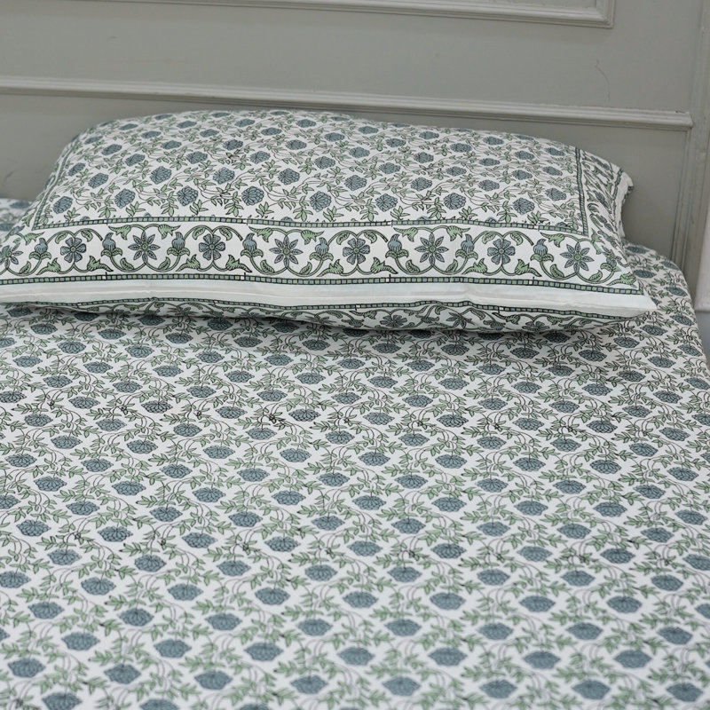 Fabdivine Pure Cotton Bedsheet Set – Handcrafted Comfort with Matching Pillow Covers, Tribal, Full Flat Sheet, Blue Floral