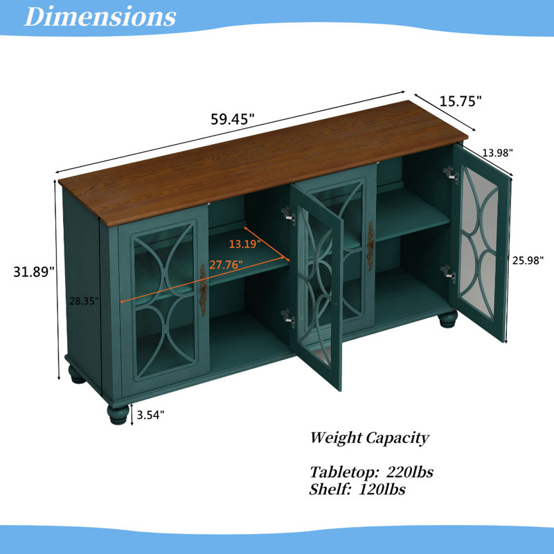 Retro 4 Glass Door Buffet Cabinet with Adjustable Shelves, Green