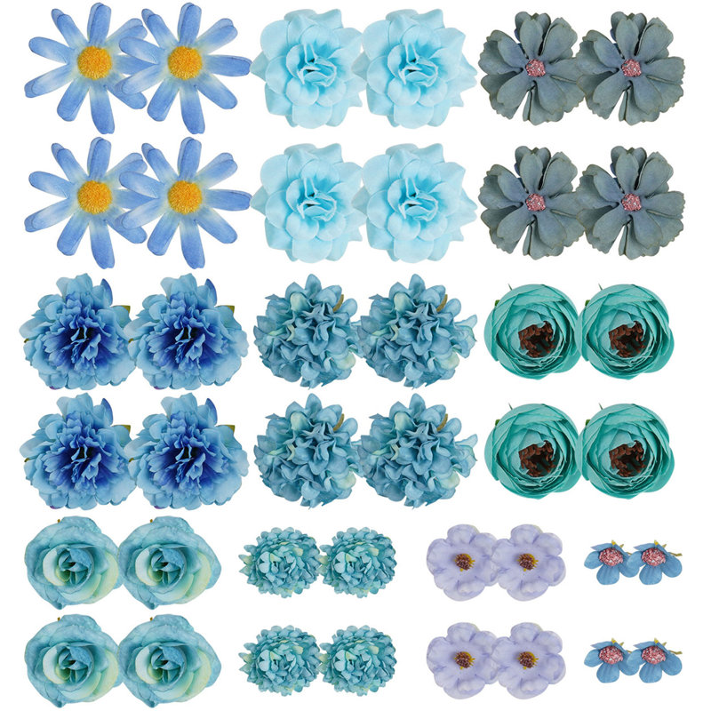 Ensemble de 40 têtes de fleurs artificielles en soie, Bleu
