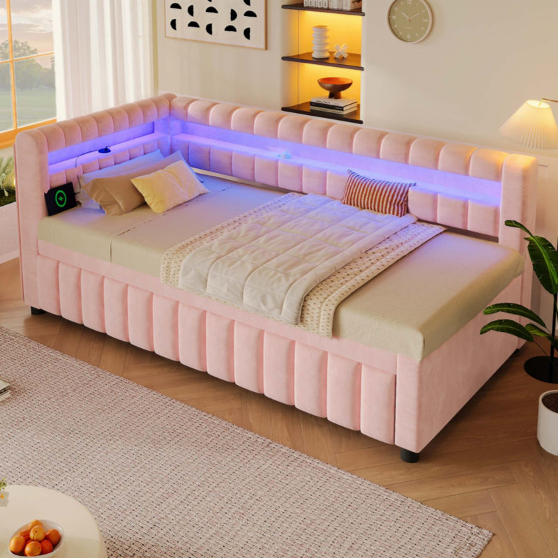 Upholstered Daybed with LED Lights,USB and Pull Out Trundle Bed