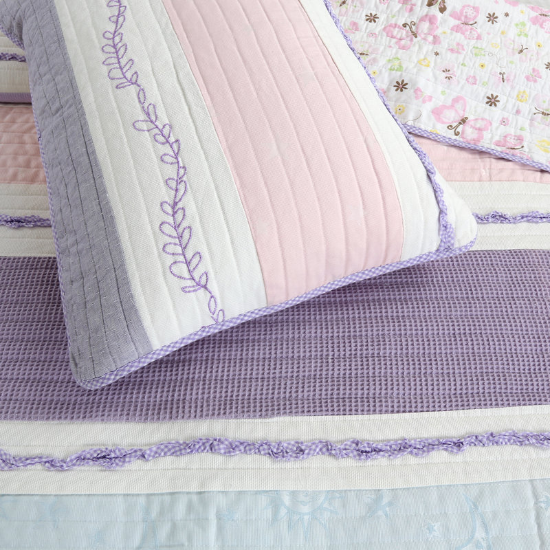 Stripped Floral Vine Star Butterfly Ruffle Embroid Cotton Striped Quilt, Queen Quilt + 2 Standard Shams