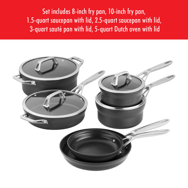 ZWILLING Motion Nonstick Hard-Anodized 10-Piece Cookware Set in Grey, Dutch Oven, Fry pan, Saucepan