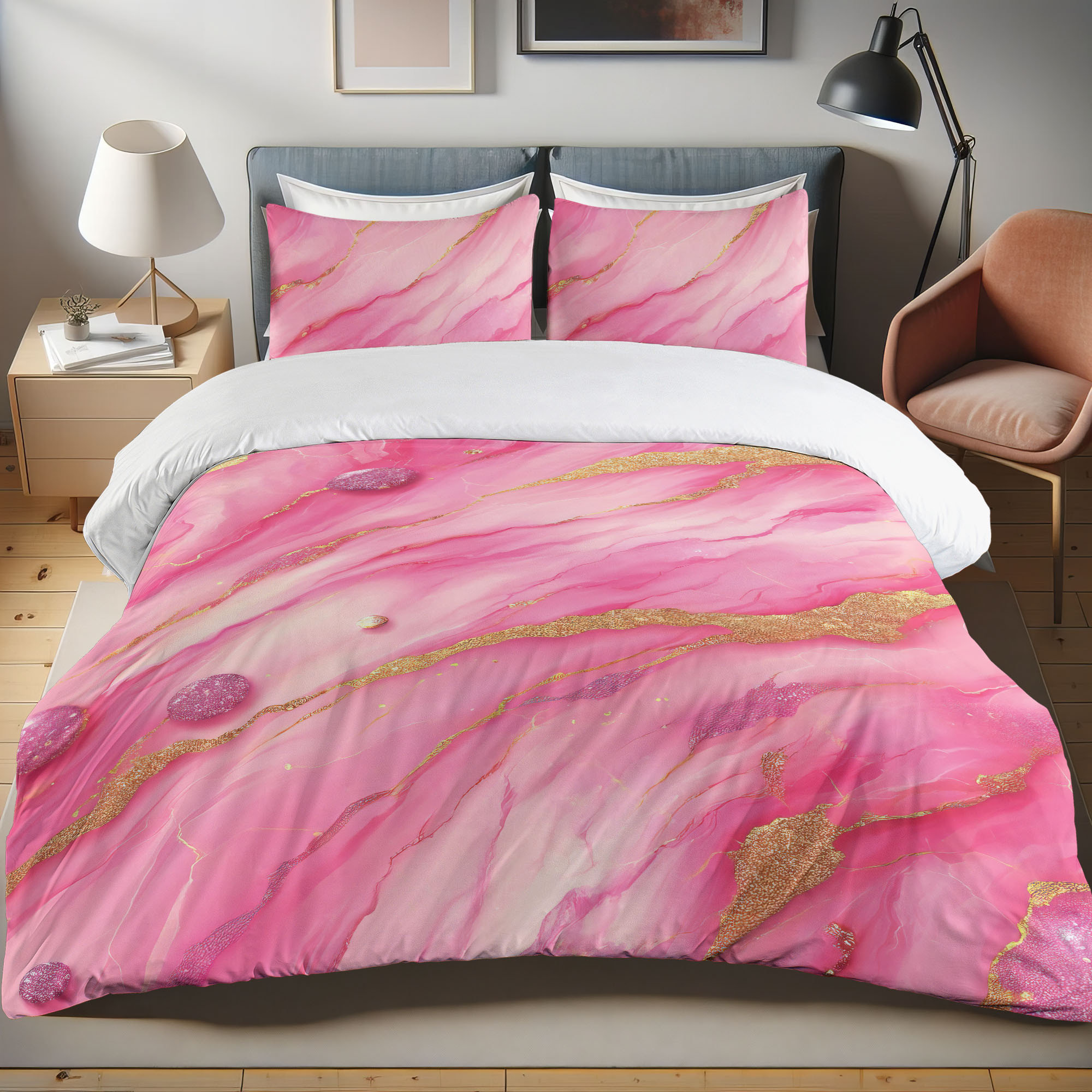 Ambesonne Pink Duvet Cover Set Luscious Marble Print and Dots CalPale ...