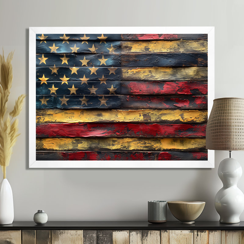 «Blue Red American Flag I», impression d'art mural, Cadre simple blanc, bois massif, H 16 po x l 32 po