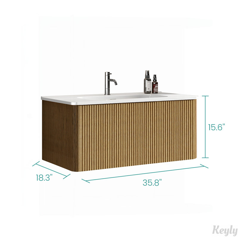 Meuble-lavabo rayé 36 po avec lavabo en céramique blanc 36 po, pré-assemblé, Chêne