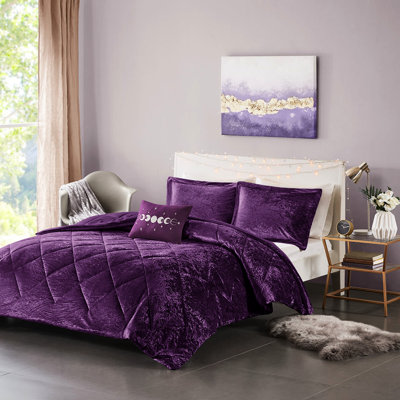 Couette en velours violet pour lit double/queen - Motif diamant, lavable à la machine et garnissage vapeur, motif diamant, infroissable