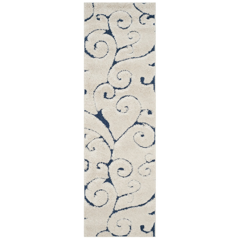 Amza Area Rug, Runner 2'3" x 15', Dark Blue/Cream