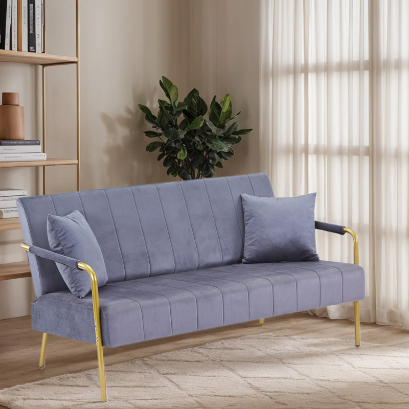 Ernst Modern Small Sofa Luxurious Velvet Couch With Tone Metal Arms & Legs For Living Room, Home Office & Studio, Gray