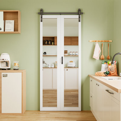 84" H Full Lite  Frosted Glass / Mirror Bifold Barn Door With Hardware Kit for Pantry/Closet