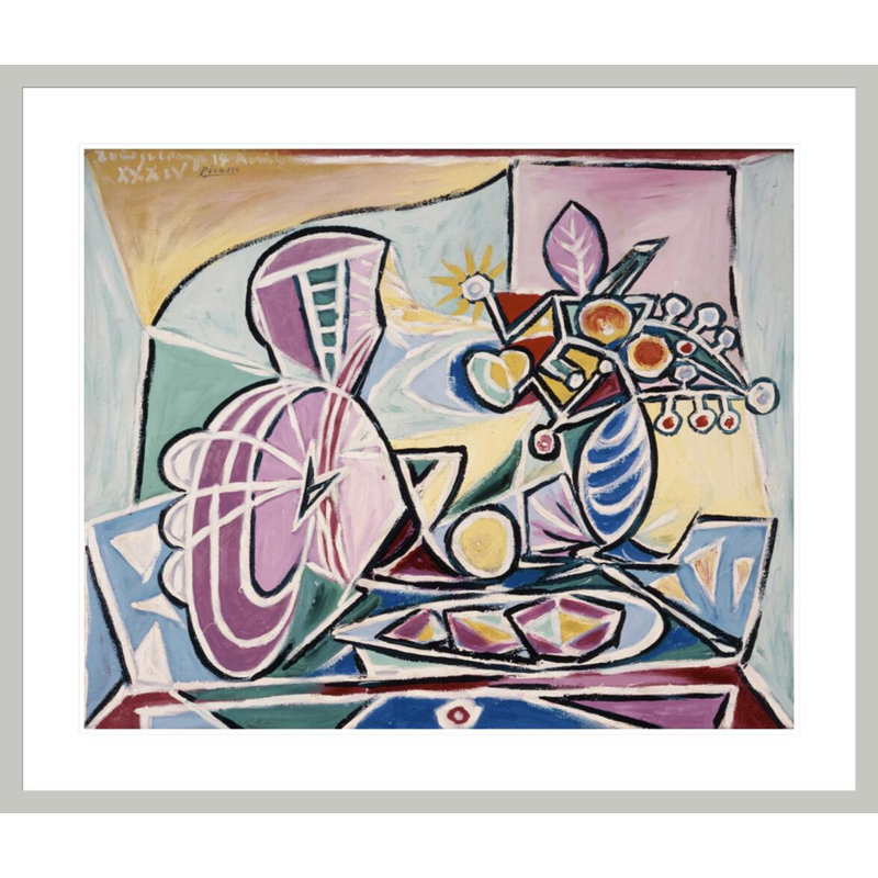 Mandoline et vase de fleurs par Pablo Picasso, impression giclée encadrée, 33.5" H x 39.35" W