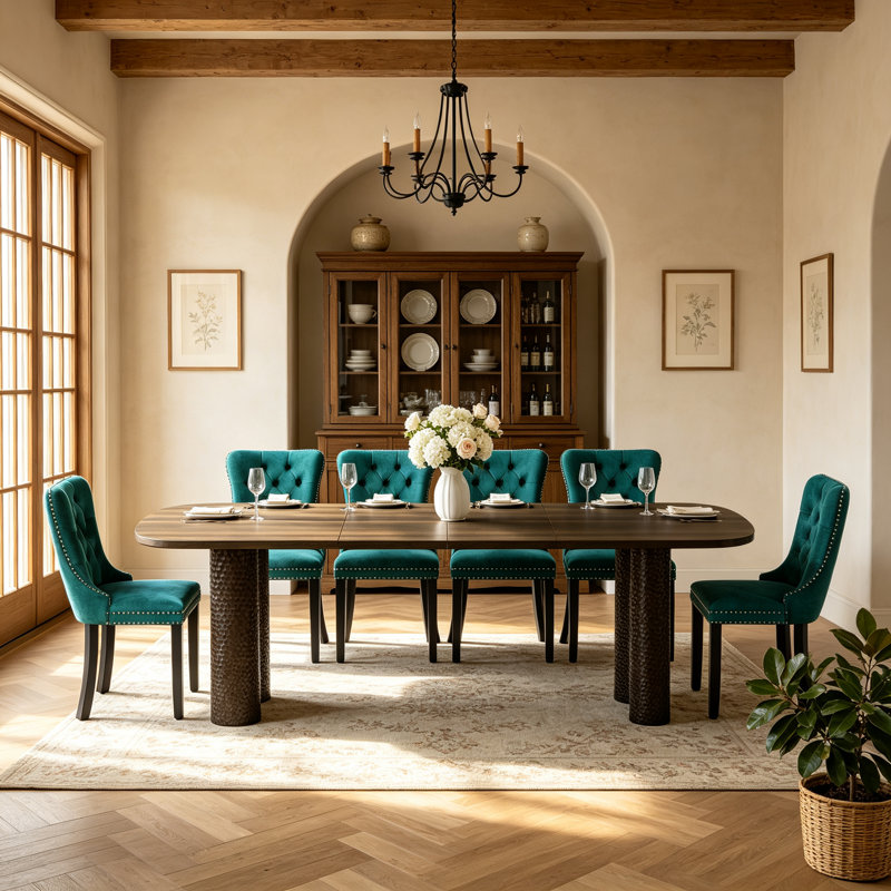Ensemble de salle à manger ovale extensible 9 pièces pour 8 personnes, table de cuisine de style campagnard de 63" à 95" avec base incurvée martelée et 8 chaises capitonnées en velours