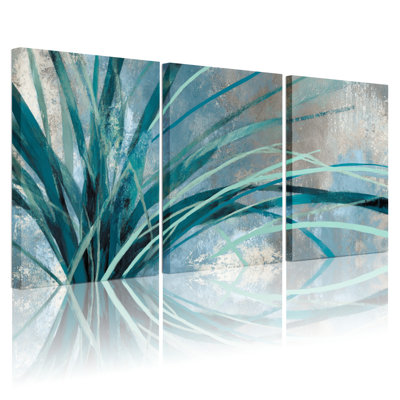 Abstract Teal and Blue Grasses Canvas Wrapped Wall Art Set of 3 for Living Room Bedroom or Office Decor
