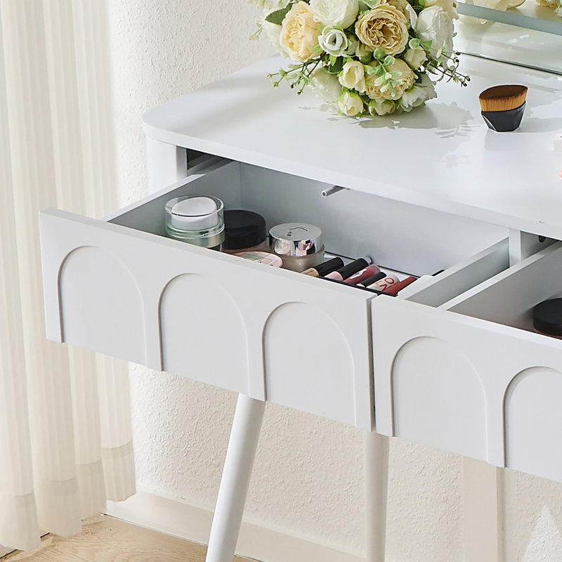 Modern Makeup Vanity Desk With LED Lights & Mirror, 4 Drawer Dressing Table Set With Stool, 3 Colors Dimmable Brightness, Space-Saving For Bedroom