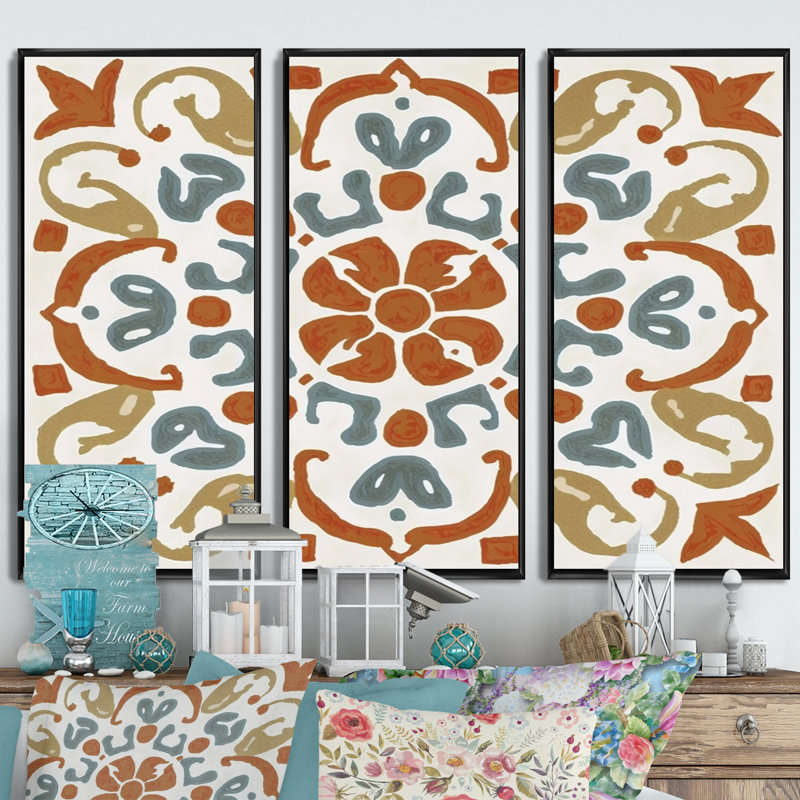 «Moroccoan Tiles in Earth Tones V», reproduction sur toile 3 pièces, H 28 po x l 36 po x P 1 po, Toile encadrée noire