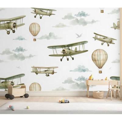 Wall Mural Peel and Stick Wallpaper Seamless hand drawn festive hot air balloons retro airplanes Self-Adhesive Removable Contact Paper Wall Decor for Living Room Bedroom 69"H x 96"W