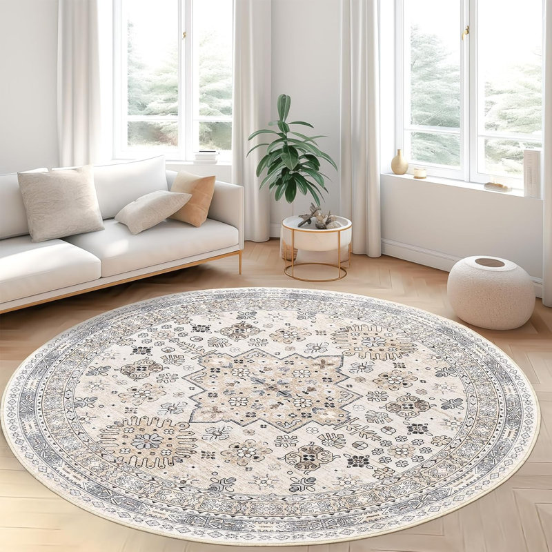 Tapis lavable antidérapant Medallion (beige), Rond 8 pi