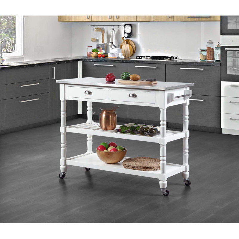 Mayall 45" Kitchen Cart with Stainless Steel Top and Locking Wheels, White