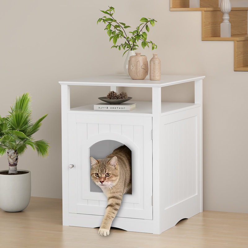 Enceinte de litière moderne en bois avec tablette de rangement et armoire cachée pour l'intérieur.