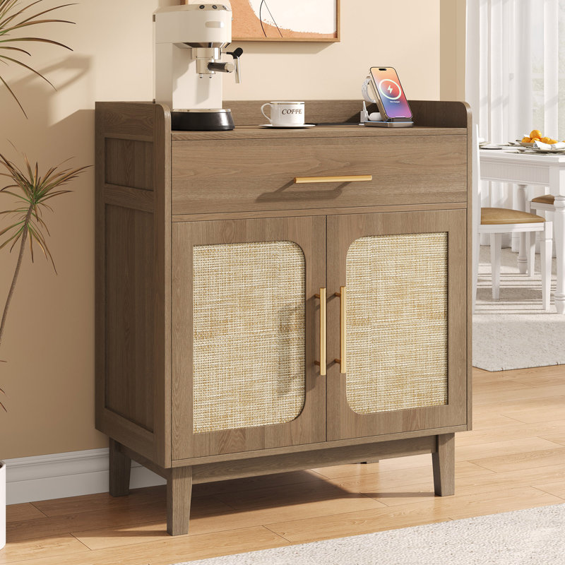 Rattan Buffet Cabinet With Charging Station, Drawer & Adjustable Shelf, Brown