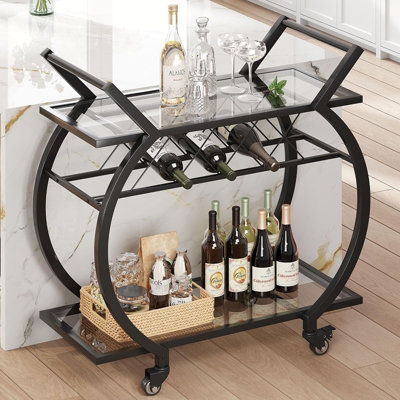 Chariot de bar noir à roulettes, chariot de service pour bar à domicile, chariot à boissons roulant avec porte-verres, chariot de rangement pour cuisine et salle à manger