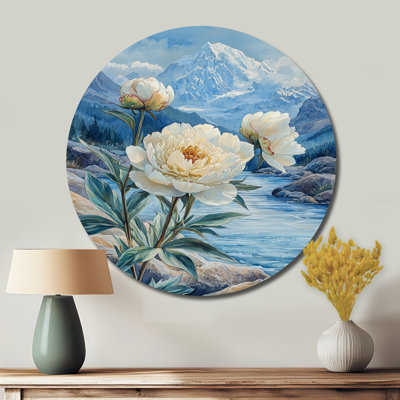 Pivoines blanches et les eaux glaciaires I - pivoines rondes, art mural en métal