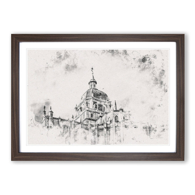 Almudena Cathedral in Madrid Spain Watercolour 1 Piece Single Picture Frame Wall Art on MDF, 45cm H x 63cm W x 2cm D