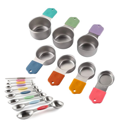 Ensemble de 16 tasses et cuillères à mesurer magnétiques, 304 cuillères à mesurer en acier inoxydable avec niveleur, double marquage métrique américain gravé, conception magnétique emboîtable, poignée colorée pour la cuisson