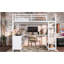 Lit mezzanine double en métal avec garde-robe, bureau en L et tablettes de rangement pour une économie d'espace.-375373196-375373197