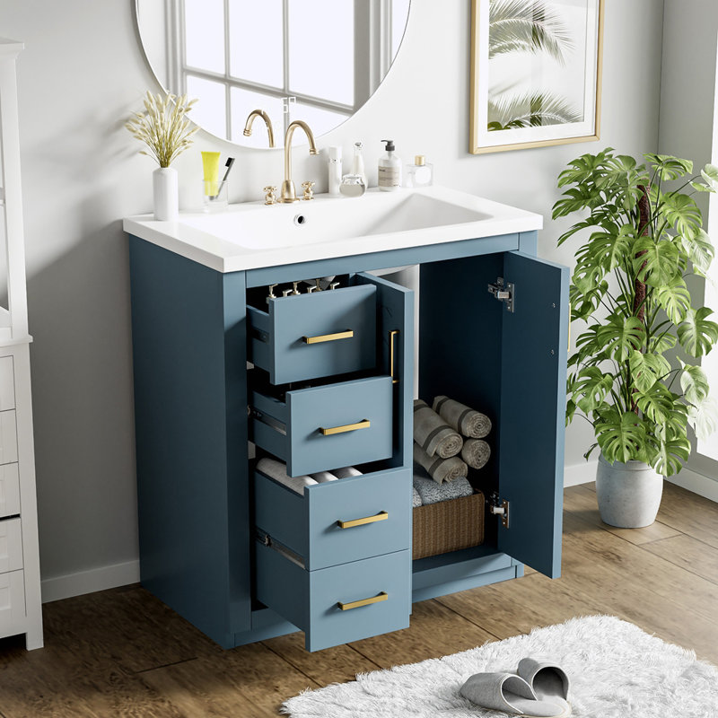 Ensemble de meuble-lavabo autoportant avec lavabo en céramique, Bleu clair