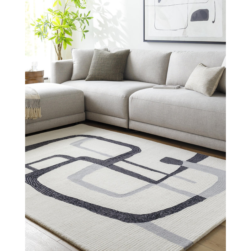 Rectangle Jaykwon Abstract Hand Tufted Wool Area Rug in Ash/Jet Black, Rectangle 9' x 12'