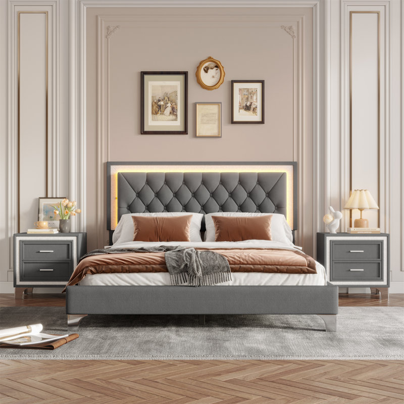 Ensemble de chambre avec grand lit 3 pièces comprenant deux tables de chevet à 2 tiroirs, Gris