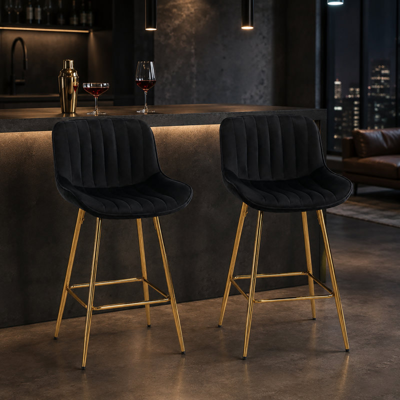 Ensemble de 2 tabourets de bar Amyris de 30 pouces avec repose-pieds chromé, Noir
