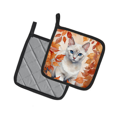 Foreign White Cat in Fall Leaves Pair of Pot Holders