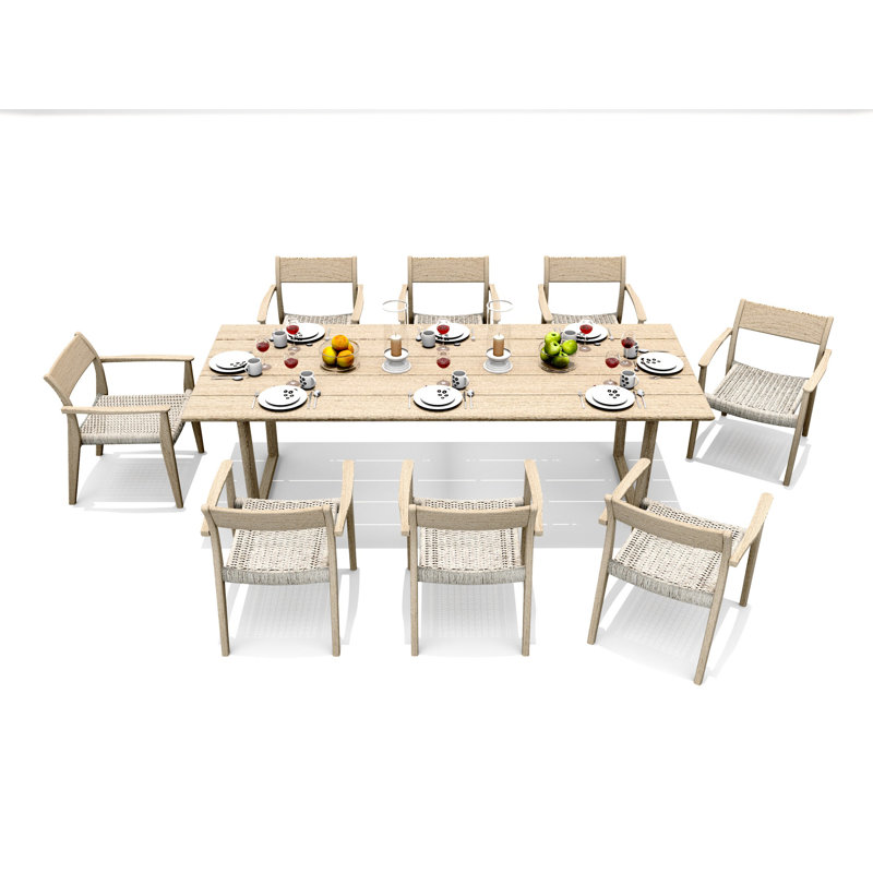 10 Seats 11 Pcs Grade-A Weathered Teak Wood Dining Set: 98" Sema Rectangle Table  And 10 Amilo Stacking Arm Chairs #11AM3310