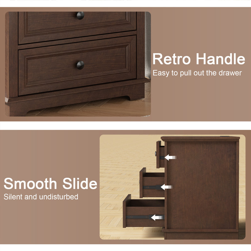 3-Drawer Beattie Sets with Storage and Built-in Outlets, Cherry