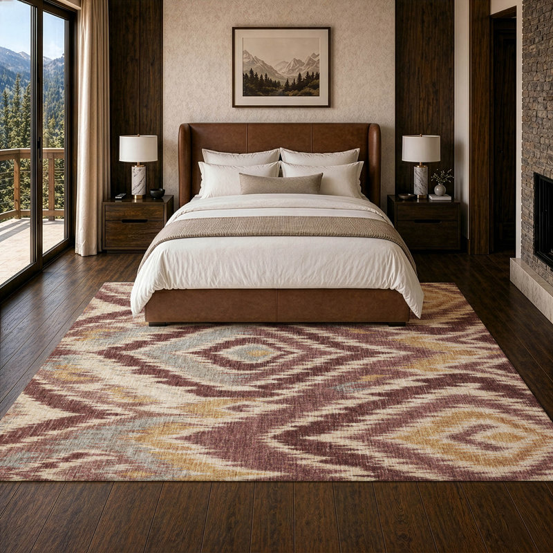 Tapis Ceajay ACN3071 Ikat lavable à la machine pour intérieur/extérieur, Bourgogne, 5 pi x 7 pi 6 po