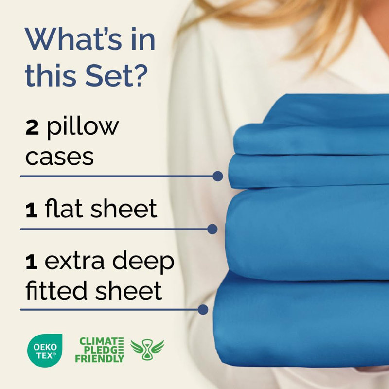 Extra Deep Pocket Sheet Set, Cooling & Breathable Bed Sheets, Soft Hotel Luxury Bedding, Fits 18–24 Inch Mattress, Denim Blue