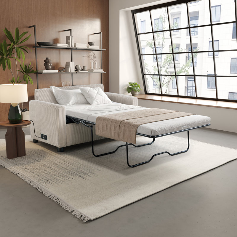 Serta Damon 53.5" Convertible Loveseat with Pull-Out Twin Size Sleeper and Power Strip, Corduroy, Beige